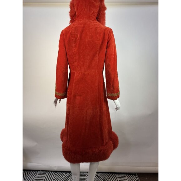 Vintage 70s Red Velvet Penny Lane Coat W/ Gold Embroidery & faux Fur Trim Hood - Picture 11 of 16